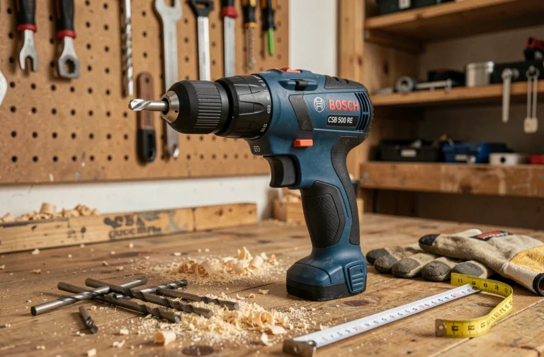 Perceuse Bosch CSB 500 RE posée sur un établi en bois avec des accessoires de bricolage