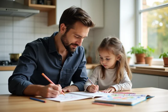 Père et petite fille dessinant ensemble à une table de cuisine moderne, activité créative en famille