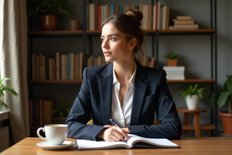 Portrait de Laurène Godey, femme inspirante assise à son bureau dans un bureau moderne, regard pensif et attitude confiante