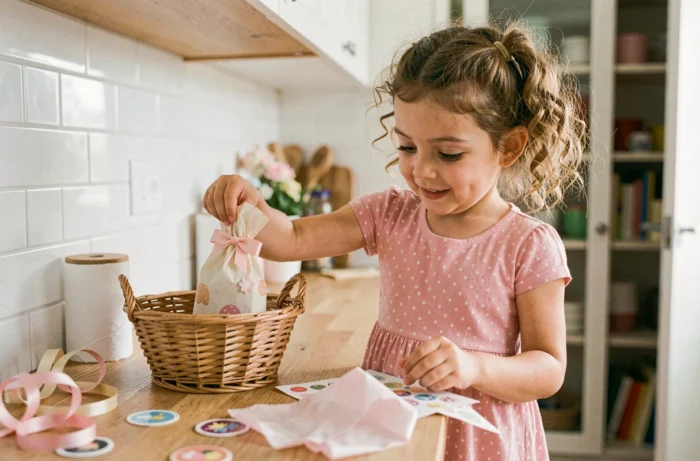 Petite fille préparant des sacs cadeaux artisanaux pour une fête d'anniversaire enfants dans une cuisine moderne