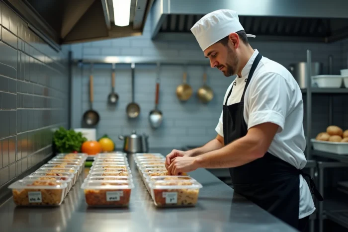 Chef cuisinier préparant des paniers repas individuels dans une cuisine professionnelle pour des employés d'entreprise
