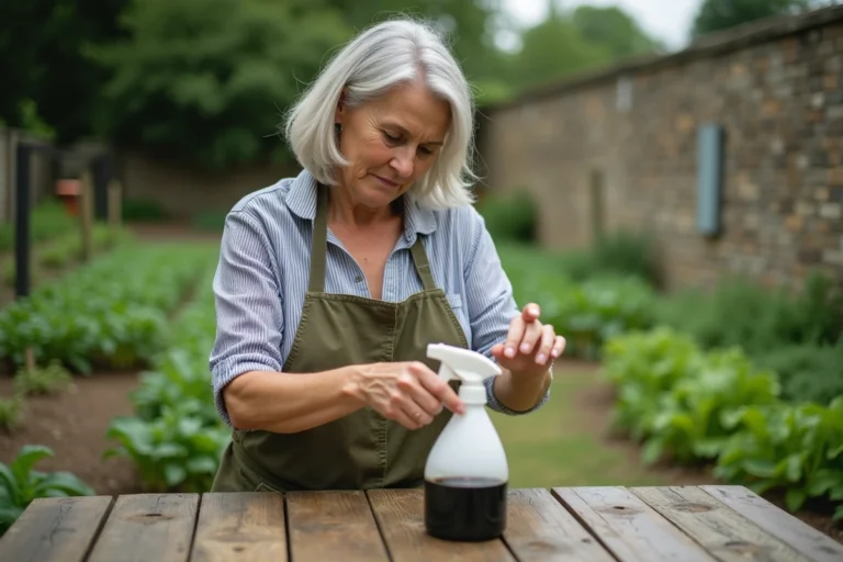 Femme préparant un traitement au savon noir dans un spray pour traiter les cochenilles au jardin
