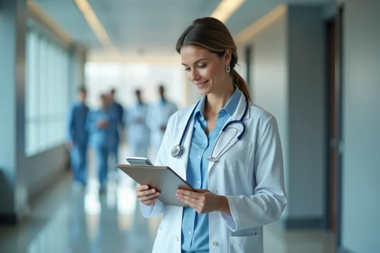 Professionnelle de santé en blouse blanche consultant des documents dans un couloir d'hôpital moderne