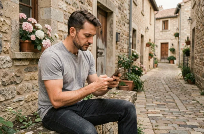 Homme recherchant un bien immobilier sur son téléphone dans un village pittoresque du Tarn