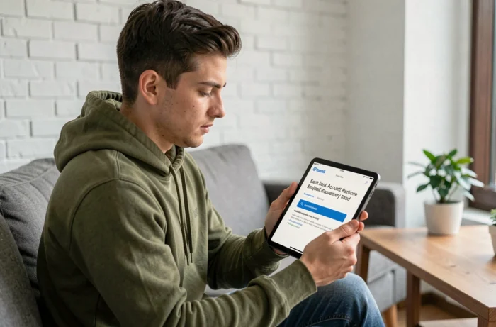 Jeune adulte récupérant l'accès à son compte CA22 en ligne via une tablette avec vérification par email