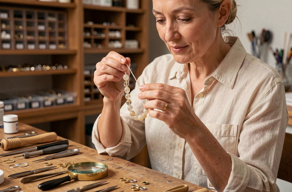 Artisane réparant un collier en résine de style Gigi Clozeau dans un atelier de bijouterie