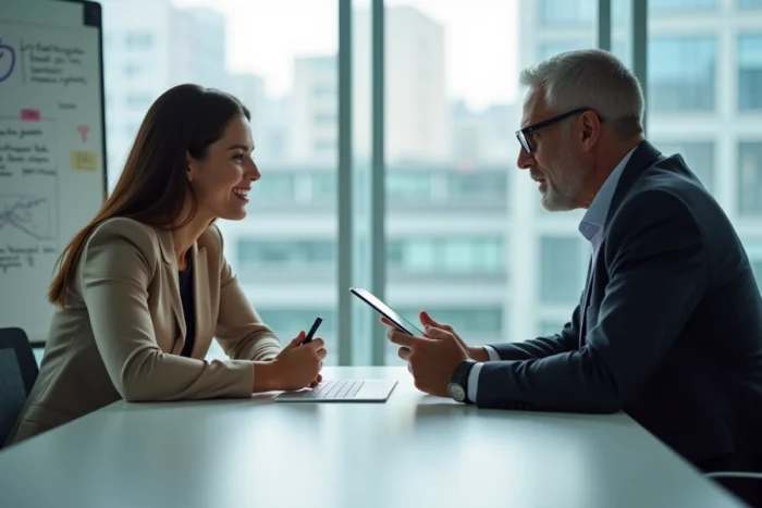 Deux professionnels discutant d'opportunités d'emploi B2B sur une tablette lors d'une réunion d'affaires