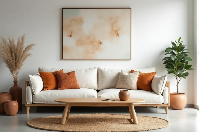 Salon contemporain scandinave minimaliste avec canapé en lin, table en chêne et décoration en céramique pour une déco moderne et chaleureuse