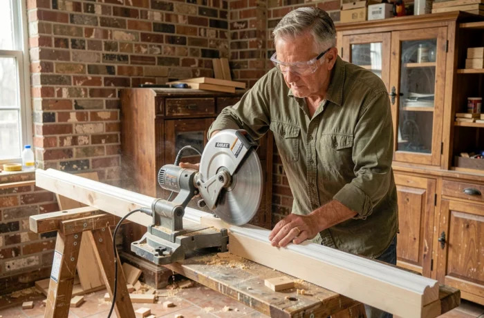 Homme expérimenté utilisant une scie à onglets manuelle pour couper une plinthe en bois dans un atelier de bricolage