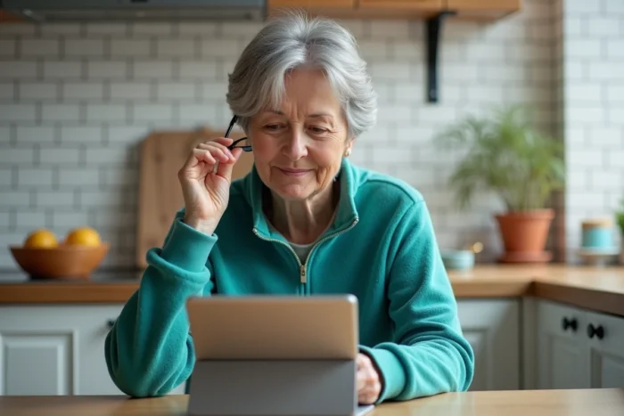 Une femme d'âge mûr consulte un guide numérique étape par étape pour apprendre à utiliser le logiciel Philia ADMR sur une tablette posée sur sa table de cuisine