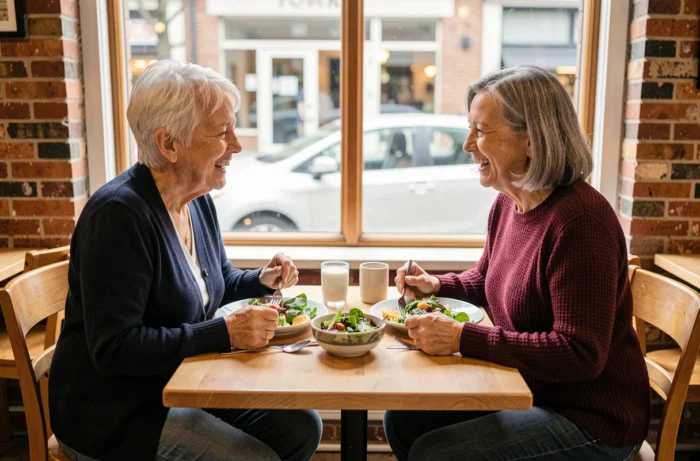 Deux femmes seniors partageant un repas sain dans un café, illustrant le bien-être social et nutritionnel