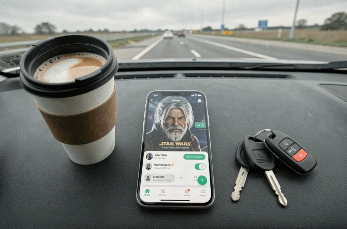 Smartphone affichant la sélection de la voix Dark Vador sur Waze posé sur le tableau de bord d'une voiture