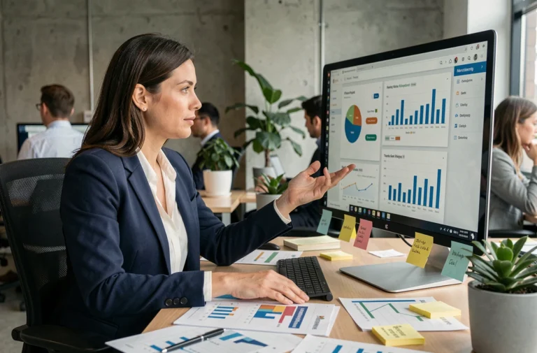 Professionnelle analysant une stratégie de marketing digital sur un tableau de bord numérique dans un bureau moderne