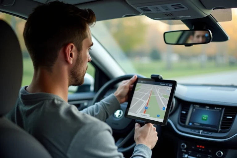 Homme installant une tablette Android sur un support tableau de bord de voiture pour utiliser Android Auto en navigation