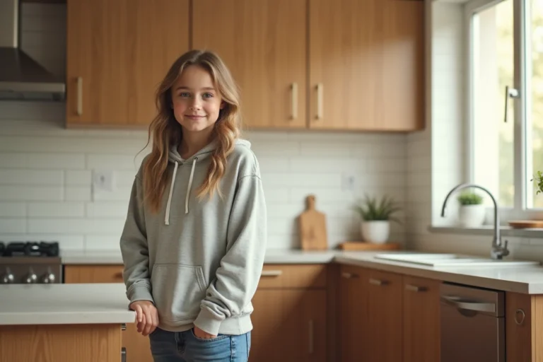 Adolescente de 13 ans en jean et sweat debout dans une cuisine moderne, illustrant la morphologie et la taille moyenne d'une fille à cet âge