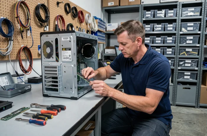 Technicien informatique réparant un ordinateur de bureau dans un atelier professionnel de maintenance