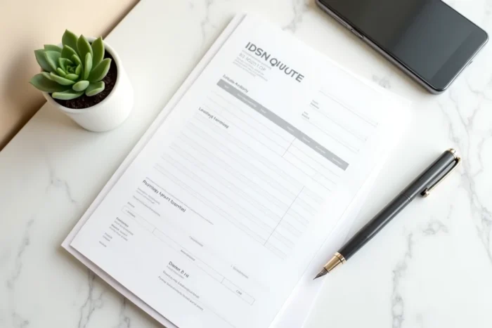 Gros plan sur un template de devis imprimé avec stylo et bureau minimaliste pour mentions légales