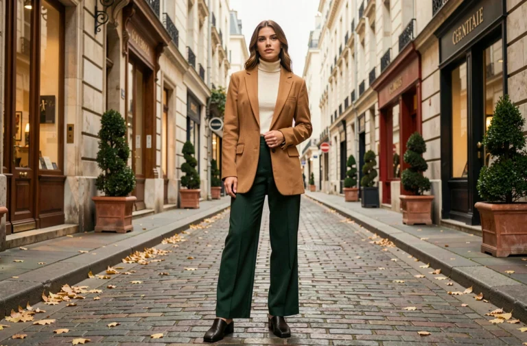 Femme élégante en blazer camel surdimensionné et pantalon large vert forêt dans une rue pavée parisienne en automne, style mode tendance