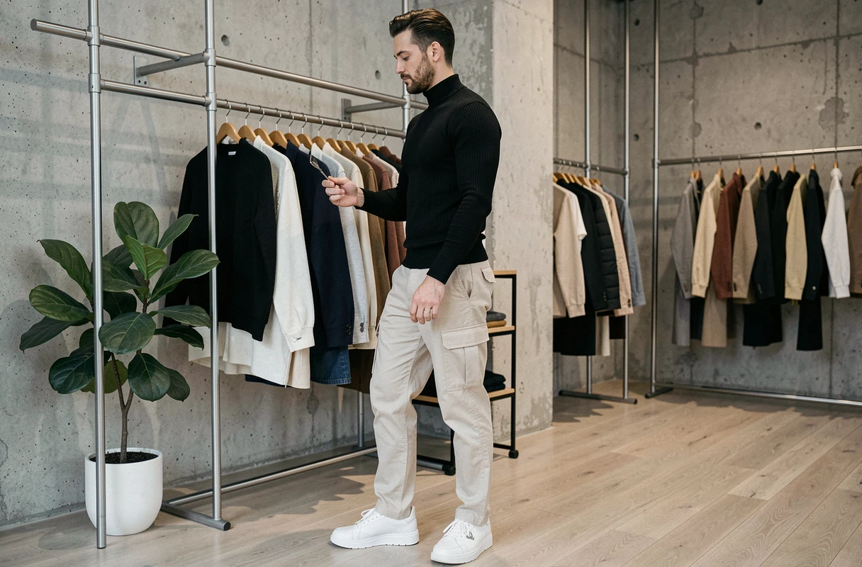 Homme stylé en pull col roulé noir et cargo ecru dans un concept store minimaliste, tendances mode masculine urbaine