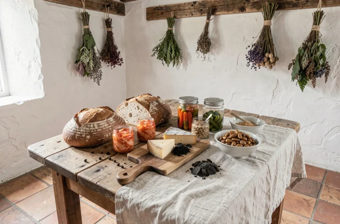 Table en bois rustique avec pain sourdough, kimchi fermenté, truffe noire et fromages affinés représentant les nouvelles tendances culinaires gourmandes