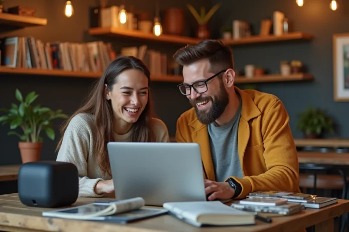 Deux amis enthousiastes découvrant des gadgets high-tech et objets pop culture dans un café au style geek contemporain