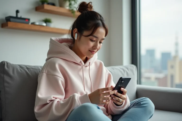 Jeune femme découvrant les dernières tendances high-tech sur un smartphone pliable dans un salon moderne aux touches pop culture