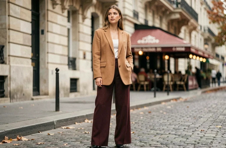 Femme élégante en blazer camel et pantalon bordeaux dans une rue parisienne, tendances mode automne 2024