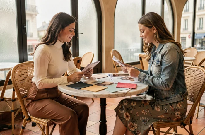 Deux femmes élégantes consultant des lookbooks de mode dans un café parisien, tendances et inspirations 2024