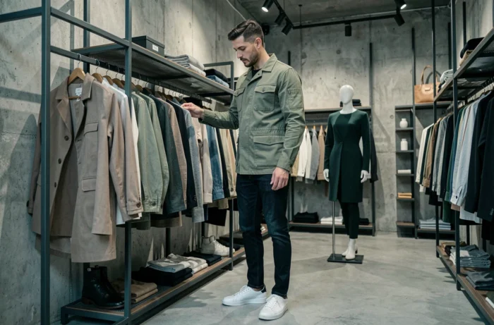 Homme en veste utilitaire vert sauge dans une boutique de mode contemporaine, tendances masculines 2024