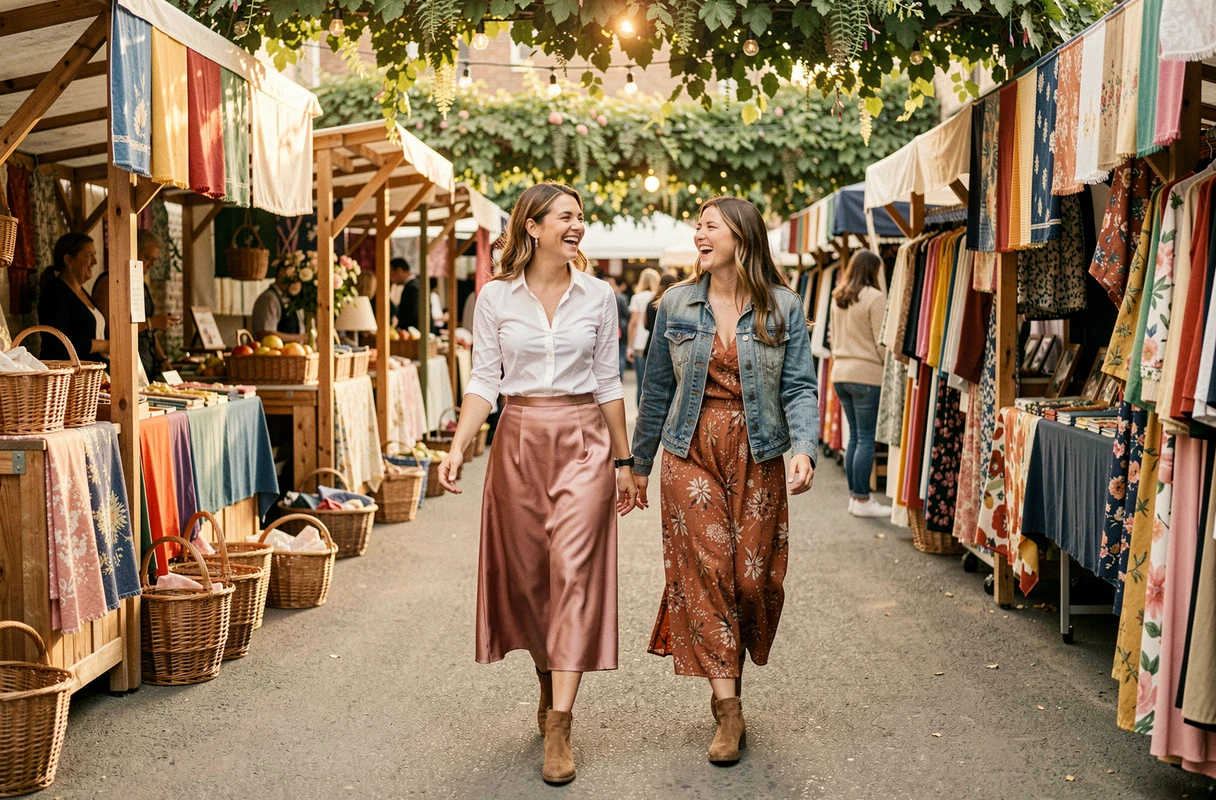 Deux femmes élégantes et souriantes découvrant des tendances mode dans un marché de créateurs en plein air, styles satin et denim superposés