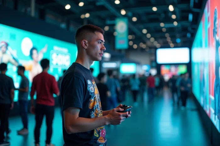 Homme passionné de jeux vidéo et pop culture devant un mur LED géant lors d'une convention high-tech