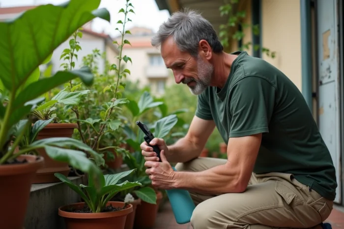 Homme appliquant un traitement au savon noir sur des plantes en pot infestées de cochenilles sur un balcon