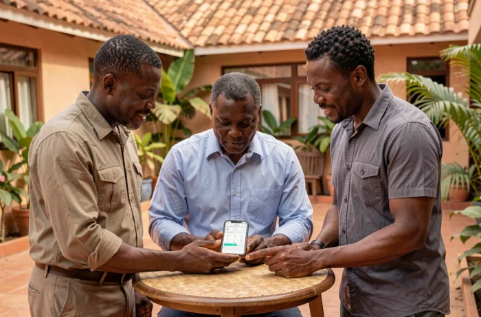 Groupe de travailleurs sénégalais consultant un calculateur de salaire sur smartphone dans une cour extérieure à Dakar