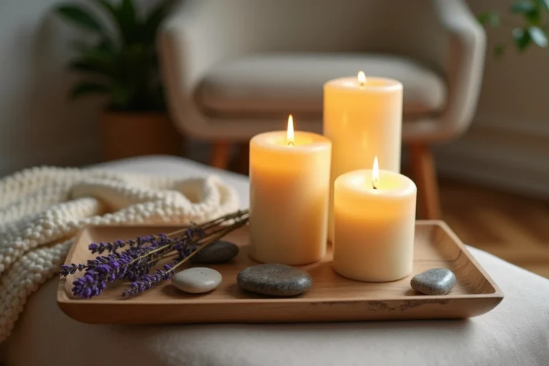 Trois bougies allumées sur un plateau en bois dans un salon cosy pour un moment de bien-être et de relaxation