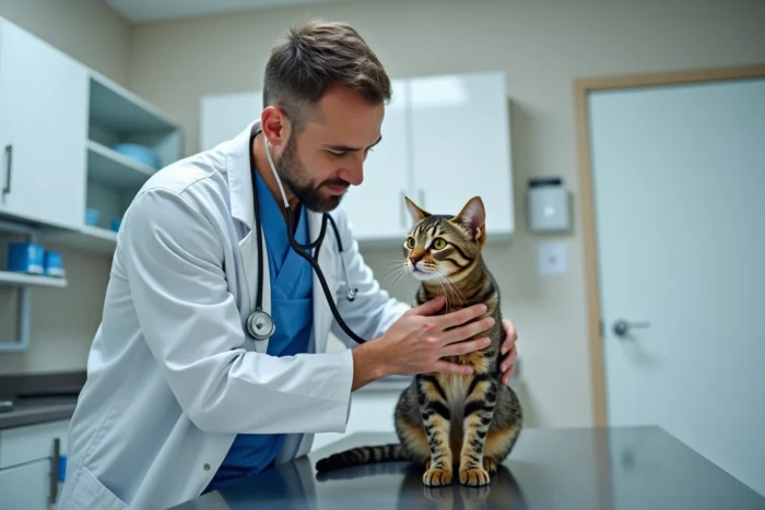 Vétérinaire examinant un chat tigré avec un stéthoscope dans une clinique vétérinaire moderne
