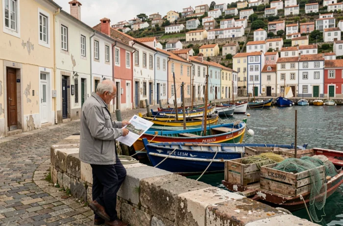 Village de pêcheurs portugais avec maisons colorées en bord de port et homme consultant une annonce immobilière