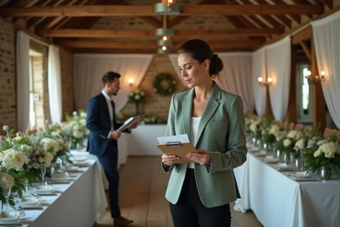 Wedding planner vérifiant sa liste de contrôle dans une grange décorée pendant les préparatifs d'un mariage